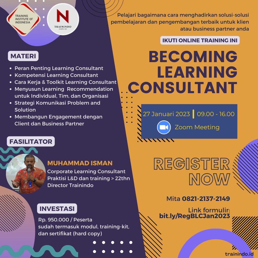 beemtnv's tweet photo. Pelatihan ini untuk membekali kompetensi para Learning Partner, Learning Business Partner, atau Learning Consultant agar mampu menyusun rekomendasi pembelajaran yang sesuai dengan kebutuhan bisnis. https://t.co/aLdjPxFMj9