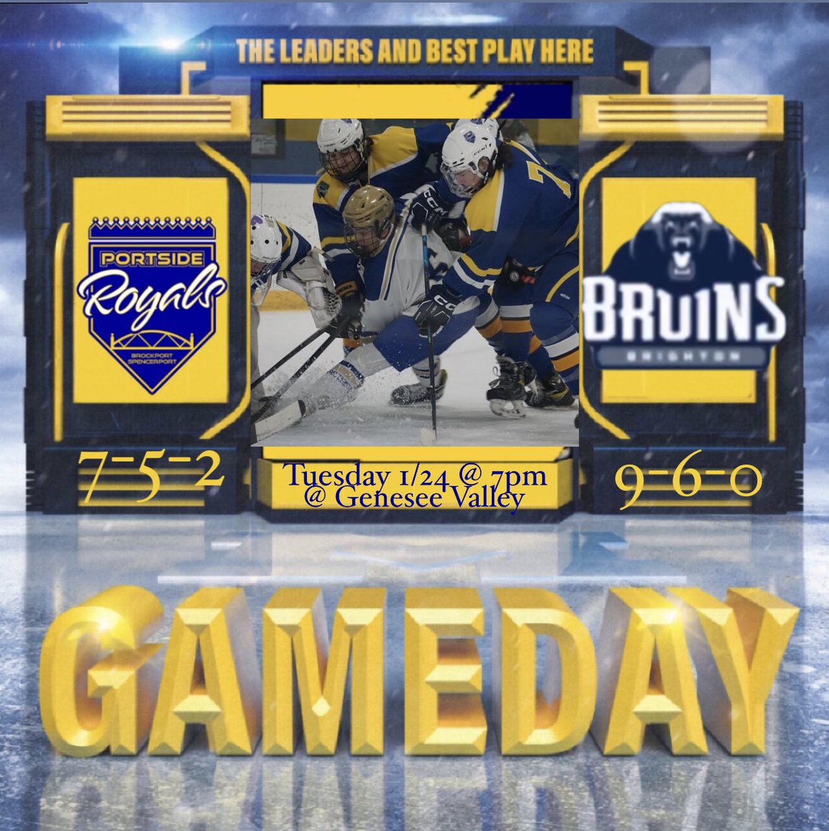 The boys are on the road tomorrow night to Genesee Valley to play the <a href="/brightonbruins/">Brighton Bruins Athletics</a> 1/24 @ 7pm! Come support the boys as they look to move their record to up to 8-5-2! Let’s go Portside!🏒💙💛