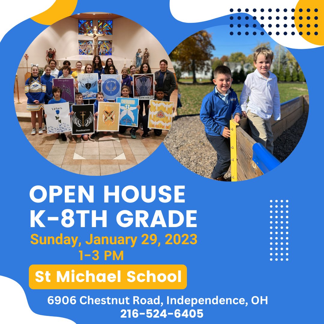 Come check us out this Sunday, January 29th for St. Michael's K-8th grade Open House from 1-3 pm.  Join us for an exciting scavenger hunt throughout the whole school and come see what the kids have been working on!💙💛💙💛
#smspride # smsblueangels #openhouse2023