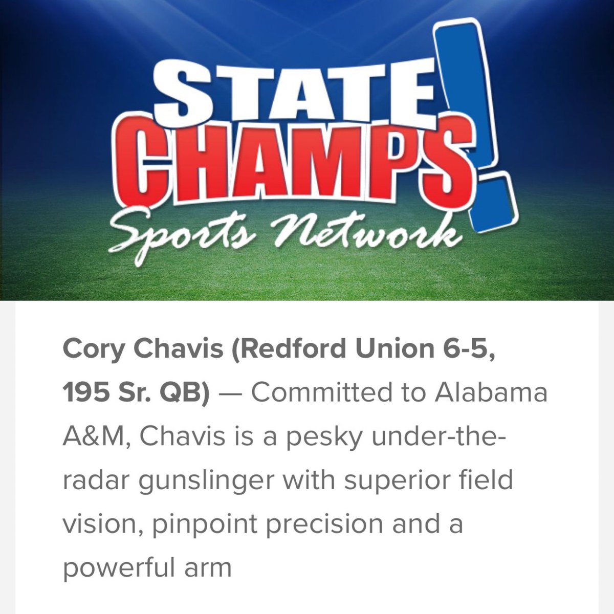 Cory I Chavis (2023) 6โ6โ 210lbs QB ๐ (@coryichavisqb) on Twitter photo Appreciate being mentioned in <a href="/statechampsmich/">STATE CHAMPS! Michigan</a> Recruiting Notebook Article.
statechampsnetwork.com/football-recruโฆ
<a href="/iiler_2/">Coach Ian Andre Iler</a> <a href="/thecoachhopshow/">The Coach Hop Show</a> <a href="/REDFORDUNION/">REDFORD UNION FB</a> <a href="/RisingStars6/">Rising Stars Academy</a> <a href="/BlackCollegeExp/">Black College Exp Sports Reporter</a> <a href="/TheD_Zone/">The D Zone</a> <a href="/yardtalkhbcu/">yardtalkhbcu</a> <a href="/AllenTrieu/">Allen Trieu</a> <a href="/PrepRedzoneMI/">Prep Redzone Michigan</a> <a href="/Coach_Saut3r/">โก๏ธ๐ผ๐ฐ๐
๐
๐
๐ฐ๐
๐
๐ด๐
โก๏ธ</a> <a href="/HBCUSports1/">HBCU Premier Sports & More</a> <a href="/BigBulldogTy/">Tylan๐ฒ ๎จ</a> <a href="/AamufbR/">Alabama A&M Football</a> Appreciate being mentioned in <a href="/statechampsmich/">STATE CHAMPS! Michigan</a> Recruiting Notebook Article.
statechampsnetwork.com/football-recruโฆ
<a href="/iiler_2/">Coach Ian Andre Iler</a> <a href="/thecoachhopshow/">The Coach Hop Show</a> <a href="/REDFORDUNION/">REDFORD UNION FB</a> <a href="/RisingStars6/">Rising Stars Academy</a> <a href="/BlackCollegeExp/">Black College Exp Sports Reporter</a> <a href="/TheD_Zone/">The D Zone</a> <a href="/yardtalkhbcu/">yardtalkhbcu</a> <a href="/AllenTrieu/">Allen Trieu</a> <a href="/PrepRedzoneMI/">Prep Redzone Michigan</a> <a href="/Coach_Saut3r/">โก๏ธ๐ผ๐ฐ๐
๐
๐
๐ฐ๐
๐
๐ด๐
โก๏ธ</a> <a href="/HBCUSports1/">HBCU Premier Sports & More</a> <a href="/BigBulldogTy/">Tylan๐ฒ ๎จ</a> <a href="/AamufbR/">Alabama A&M Football</a>
