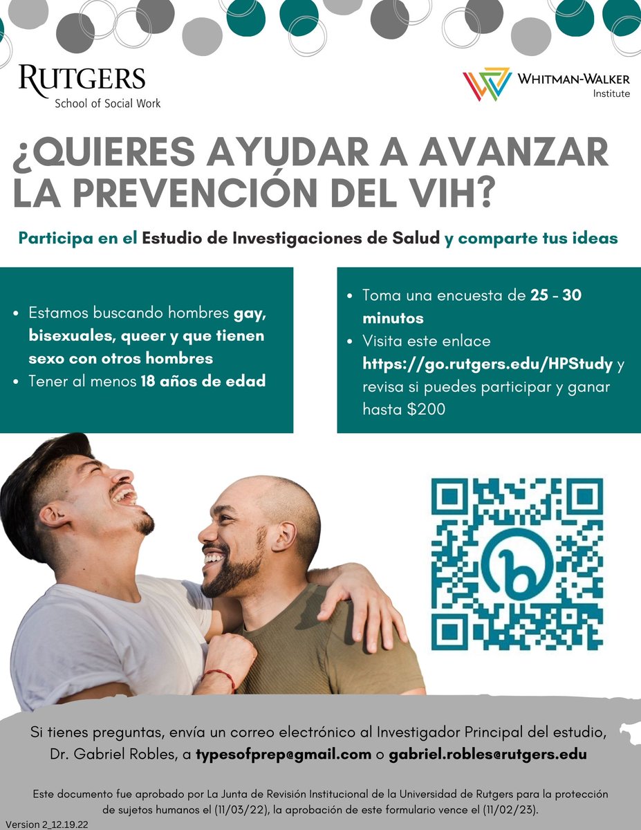 GRoblesPhD's tweet photo. ¿Quieres ayudar a avanzar la prevención del VIH? Participa en el Estudio de Investigaciones de Salud y comparte tus ideas. https://t.co/j5qtq8TBCa (The survey is also available in English). https://t.co/yDxBbM56LP