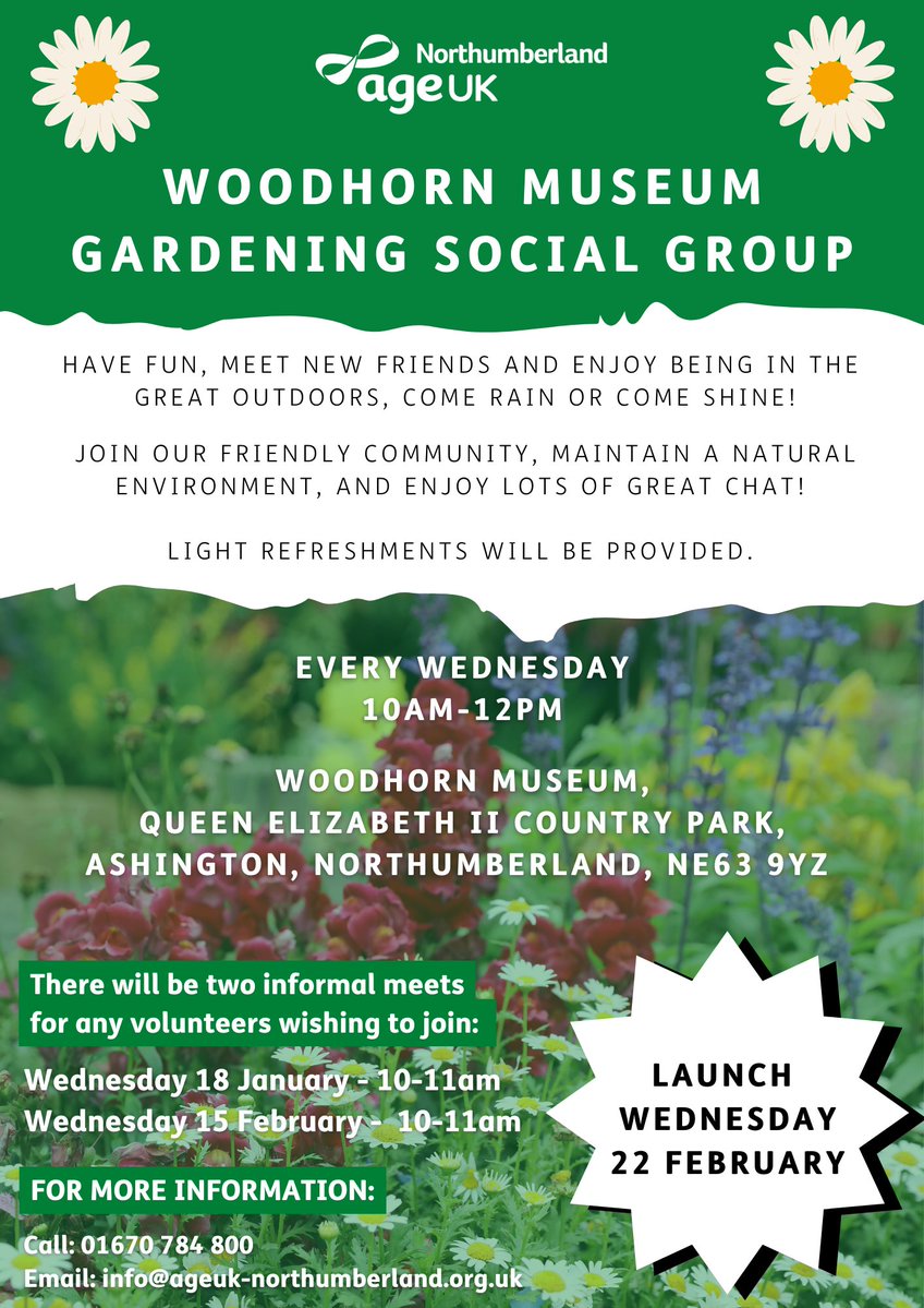 Woodhorn Museum (@Woodhorn) on Twitter photo 2023-01-24 17:01:30 We're joining forces with @AgeUKNorthumber to form a gardening social group for over 50s. The group will launch on Wed 22 Feb and will take place every week 10am till 12pm. Call 01670 784800 or email info@ageuk-northumberland.org.uk to register @ace_thenorth @N_landCouncil We're joining forces with @AgeUKNorthumber to form a gardening social group for over 50s. The group will launch on Wed 22 Feb and will take place every week 10am till 12pm. Call 01670 784800 or email info@ageuk-northumberland.org.uk to register @ace_thenorth @N_landCouncil