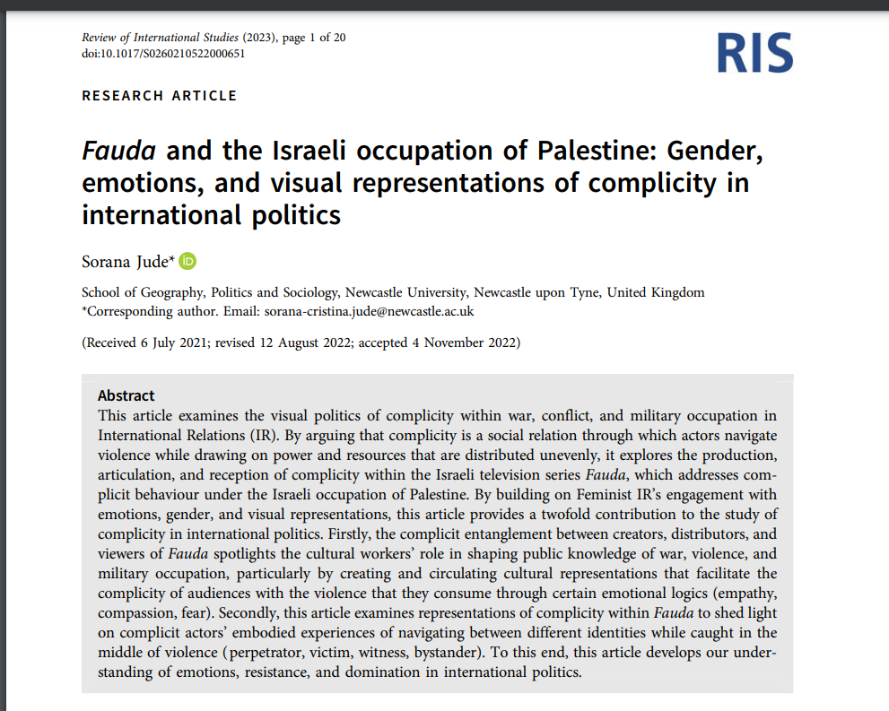 Best surprise ever from <a href="/RISjnl/">RIS</a> and <a href="/CUP_PoliSci/">Cambridge University Press - Politics</a>! Thrilled that my latest article is out!!! Fauda and the Israeli occupation of Palestine: Gender, emotions, and visual representations of complicity in international politics bit.ly/3H3cIZu