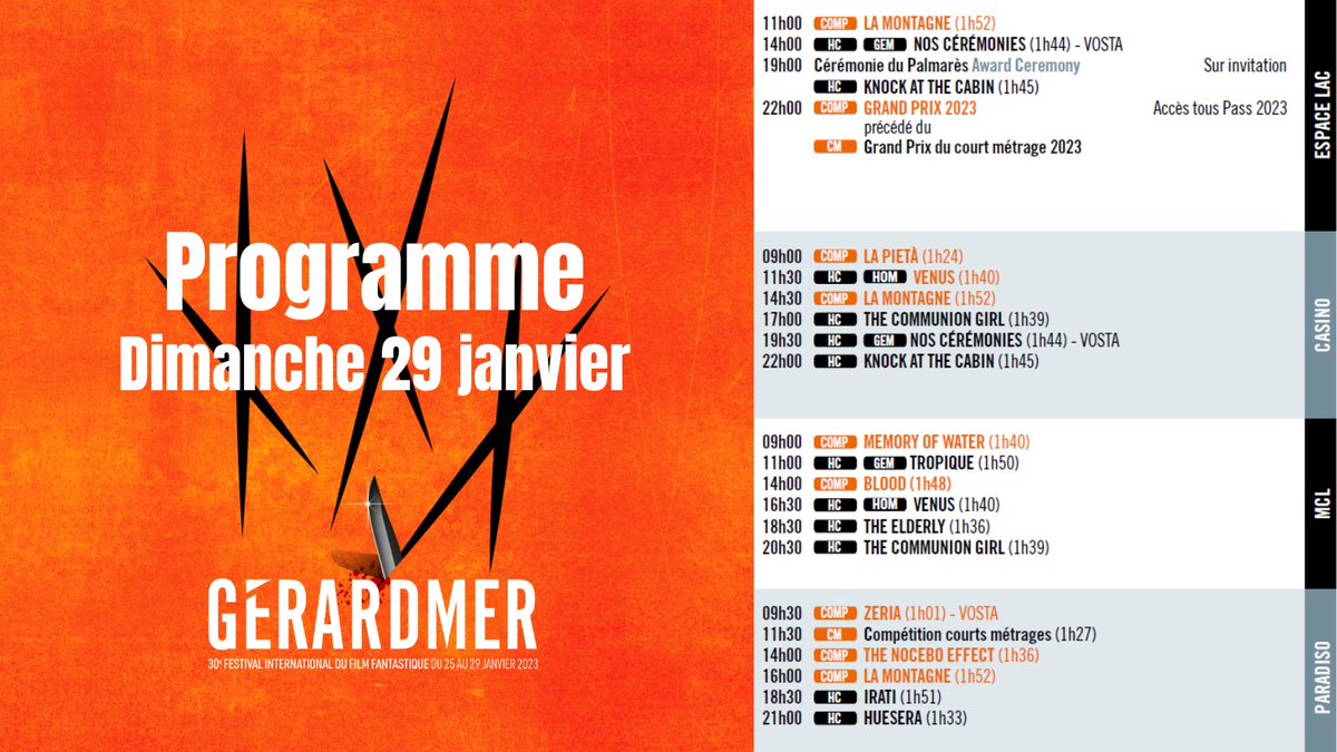 FestGerardmer's tweet photo. Découvrez le programme de ce dimanche ! #Gerardmer2023 🔮

Pour voir la grille de programmation complète 👉 https://t.co/KEb3cKBMVC https://t.co/UyzNwdaVWv