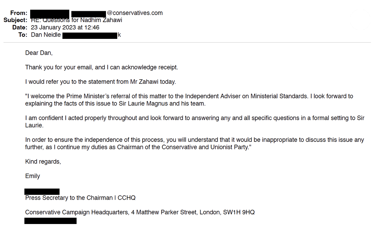 Can anyone explain why an ethics enquiry prevents Mr Zahawi answering questions today?

And is it the same reason why Mr Zahawi failed to answer my questions for the last six months?