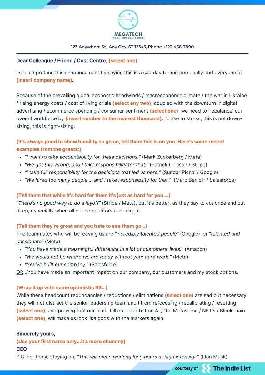 If you’re one of those Tech CEO's planning to make major job cuts, then here’s a simple template that you can cut and paste to suit your own set of excuses. 💩
#techjobs