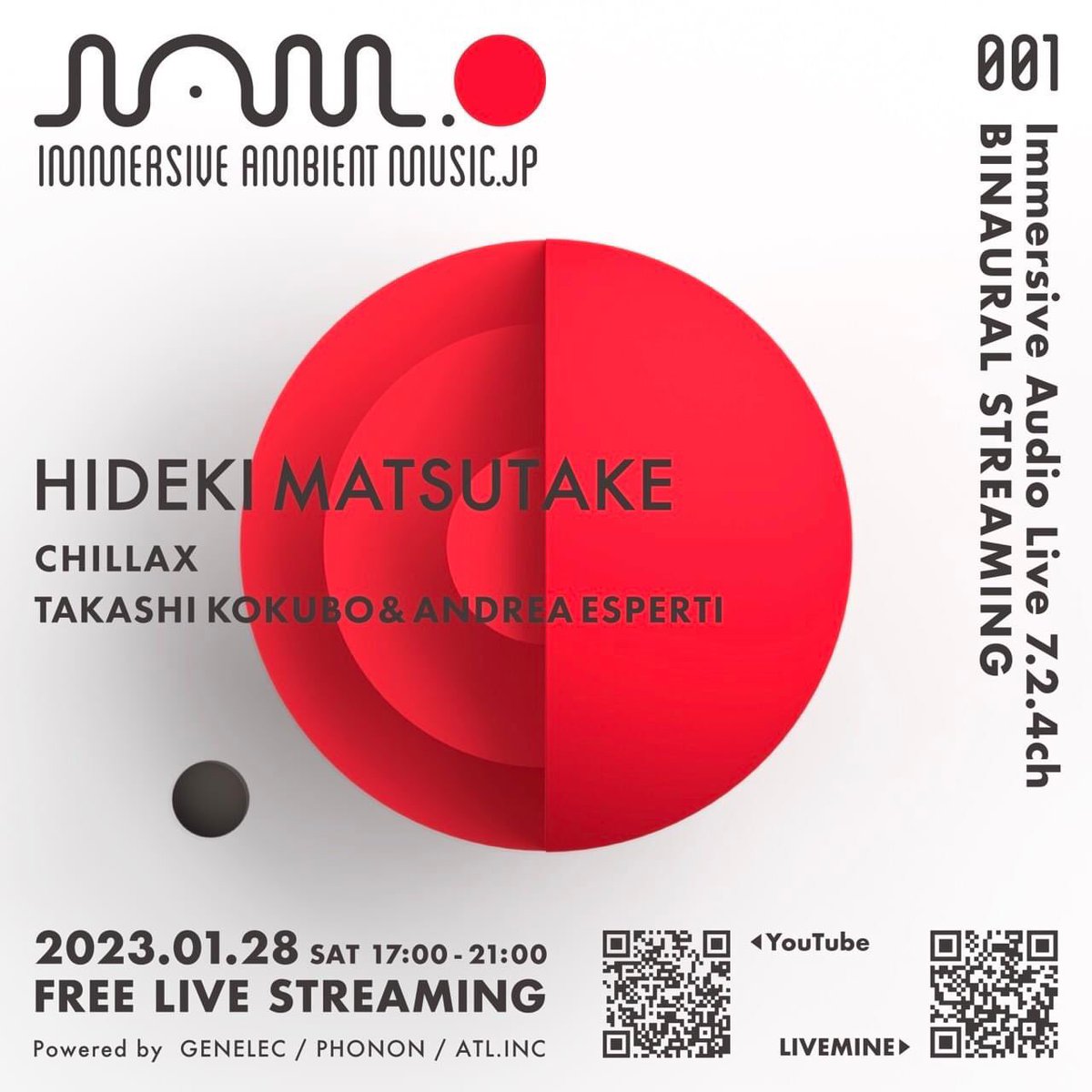 snrec.jp/entry/2023/01/…

”IMMERSIVE AMBIENT MUSIC.jp” begins its launch.
The concert with special guest Hideki Matsutake will be
2023.01.28 17:00 (Japan time).

立体音響をヘッドフォンで体験できる無料配信イベント「Immersive Ambient Music .jp vol.1」が開催