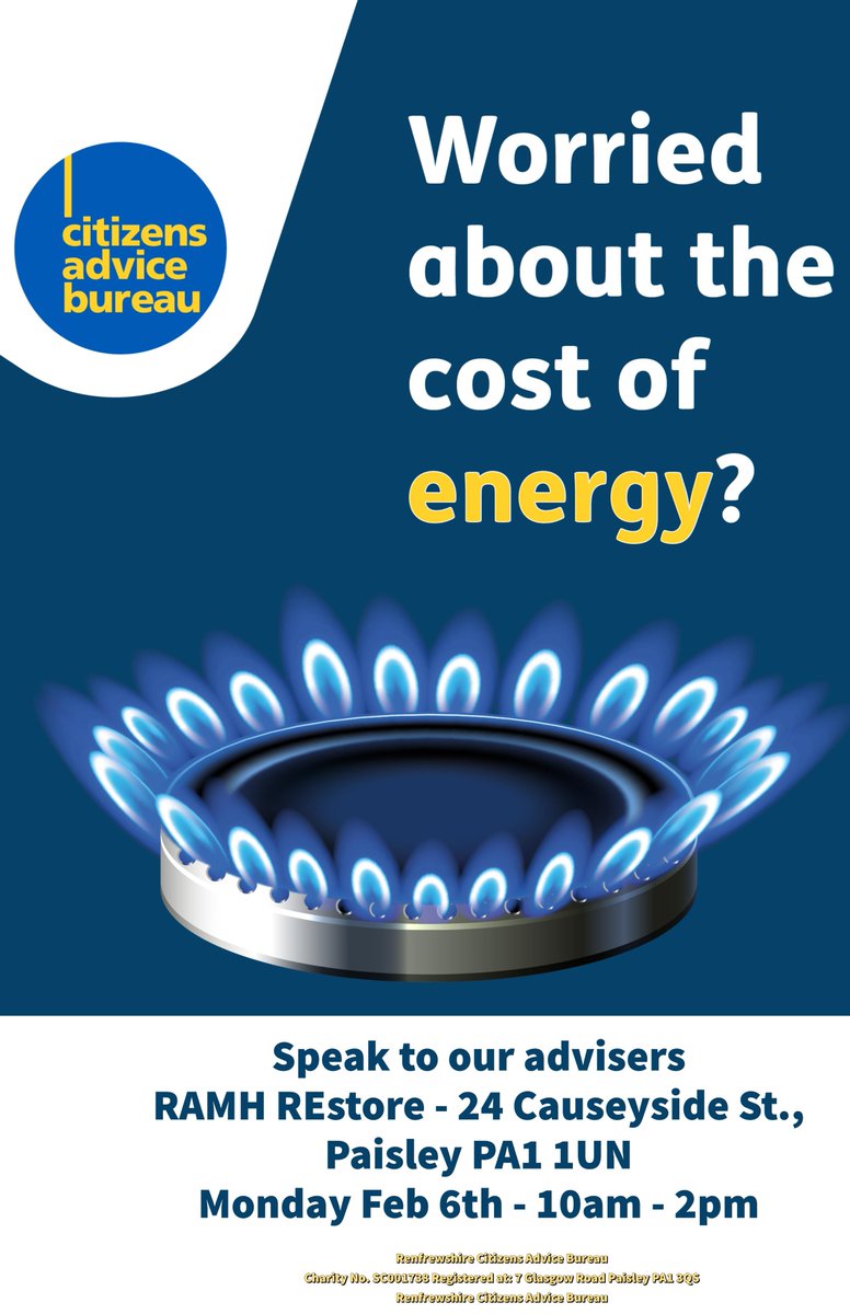 RenfrewshireCAB's tweet photo. Join us on Monday the 6th of Feb from 10am - 1pm at the RAMH REstore on 24 Causeyside St.
Our Energy Advisers will be there to answer any energy related questions you may have.
#BESW https://t.co/O6qStxlmEh
