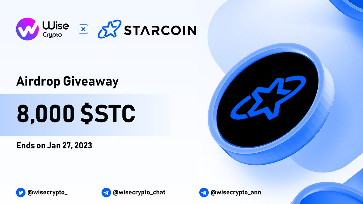 🥳 Wise Crypto X Starcoin Giveaway 

🏆Prize Pool - 8,000 $STC

To Enter
✅ Follow <a href="/StarcoinSTC/">Starcoin Blockchain</a> &amp; <a href="/WiseCrypto_/">Wise Crypto</a>
✅ RT &amp; Tag Friends
✅ Complete task on gleam.io/lJ3kI/wise-cry…

#Airdrop #STC #Giveaway #IDO #Crypto #NFT