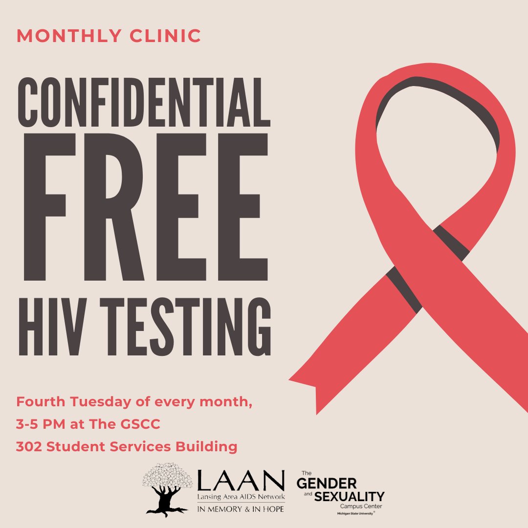 Drop by the GSCC any time between 3 and 5pm today for free, confidential HIV testing provided by Lansing Area Aids Network!
