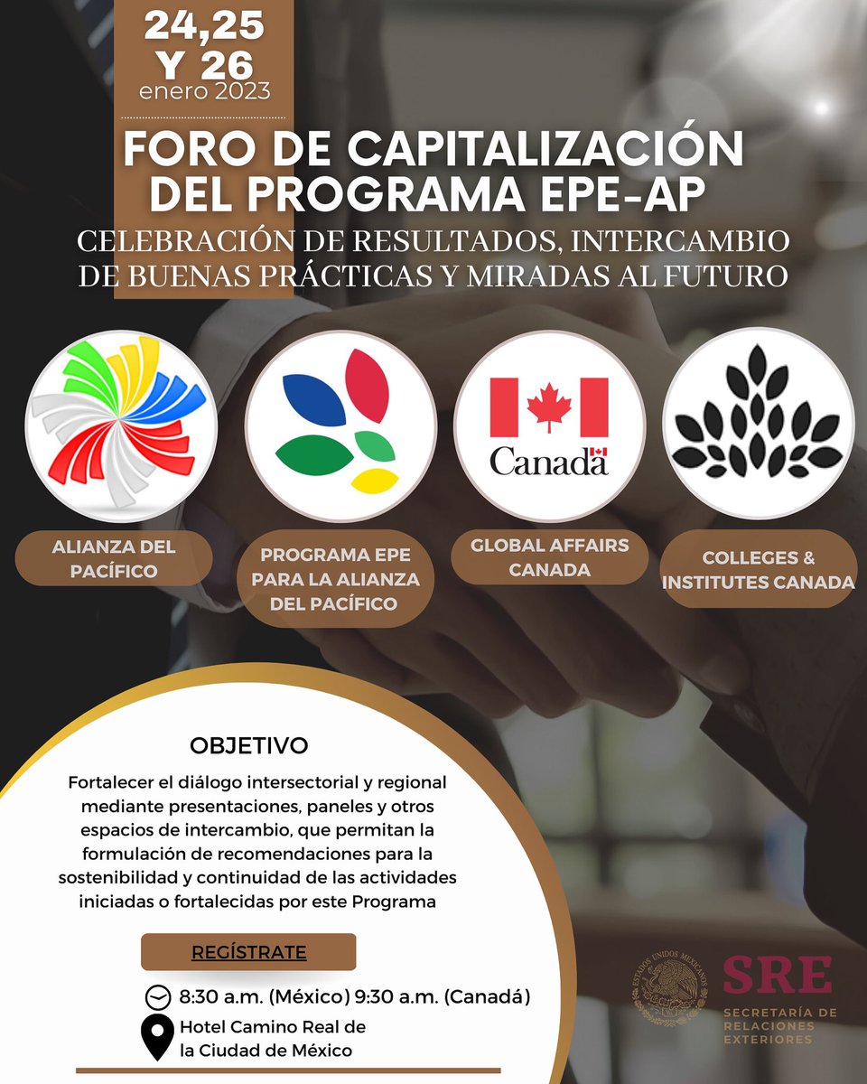 EmbaMexCan's tweet photo. 📌 Inscríbete y participa de manera virtual en el Foro de capitalización del Programa Educación para el empleo en la Alianza de Pacífico EPE-AP.

👉🏻 https://t.co/1dIdBZm2a7 https://t.co/8F2qZbkj6w