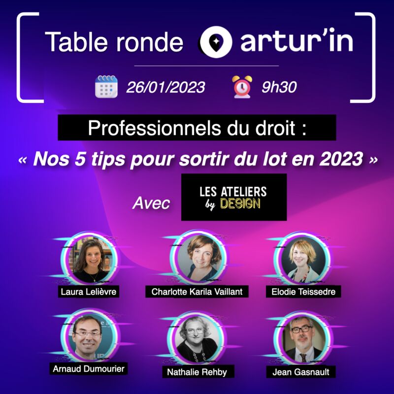 📆 Les Ateliers by Design x Artur'in !
Webinaire gratuit jeudi prochain 26 janvier à 9h30. #Avocats, c'est pour vous !  Venez parler #marketingdigital, #communicationdigitale, #designthinking, #vidéo et #veillejuridique !
▶️ app.livestorm.co/artur-in-3/avo…