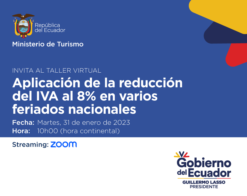 Si eres parte del sector turístico participa en el taller virtual sobre la aplicación de la reducción del IVA 8% en los feriados de⬇️
✅Carnaval:18 al 21 de Feb.
✅Semana Santa:7 al 9 de abril.
✅Difuntos e Independencia de Cuenca:2 al 5 de Nov.
Registro➡️bit.ly/3XxQ6XU