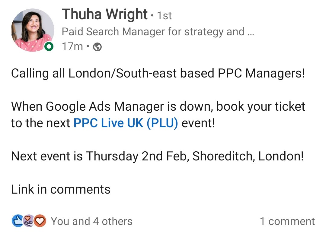 TheMarketingAnu's tweet photo. Fantastic shout-out by @thuhawright ๐ I mean - she is right! ๐
Got time on your hands? Go buy a ยฃ16 ticket for the next @ppcliveuk https://t.co/Vt8V7qGhuc #GoogleDown #PPCEvent
Ps. We are definitely open to all of London and outside Londoners as well. ๐โค๏ธ https://t.co/kWiqVDCj8G