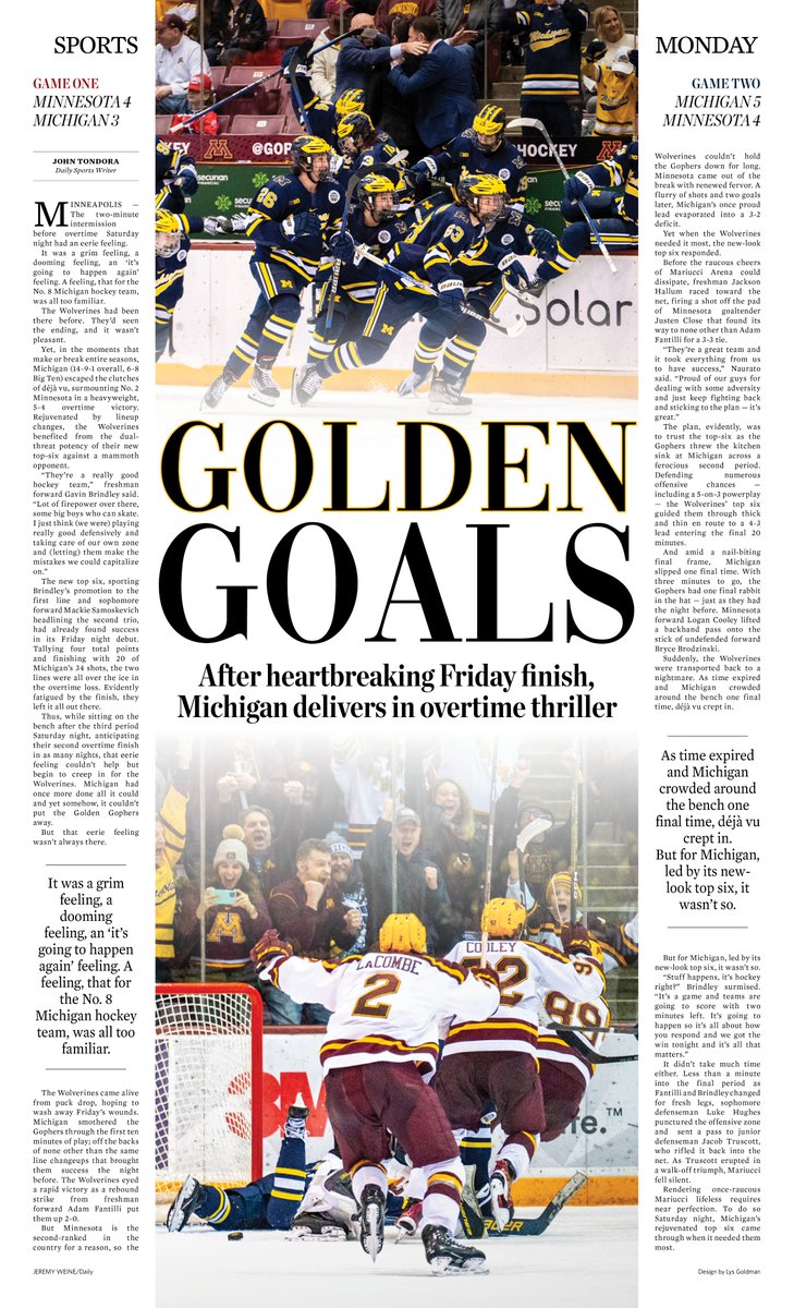 theblockm's tweet photo. After meeting sudden death against @GopherHockey on Friday, Saturday’s game went to overtime as well — and junior defenseman Jacob Truscott promptly returned the favor to pick up a much-needed win for @umichhockey.

This week’s #SportsMonday cover: Golden Goals. https://t.co/AhcOulkeVg
