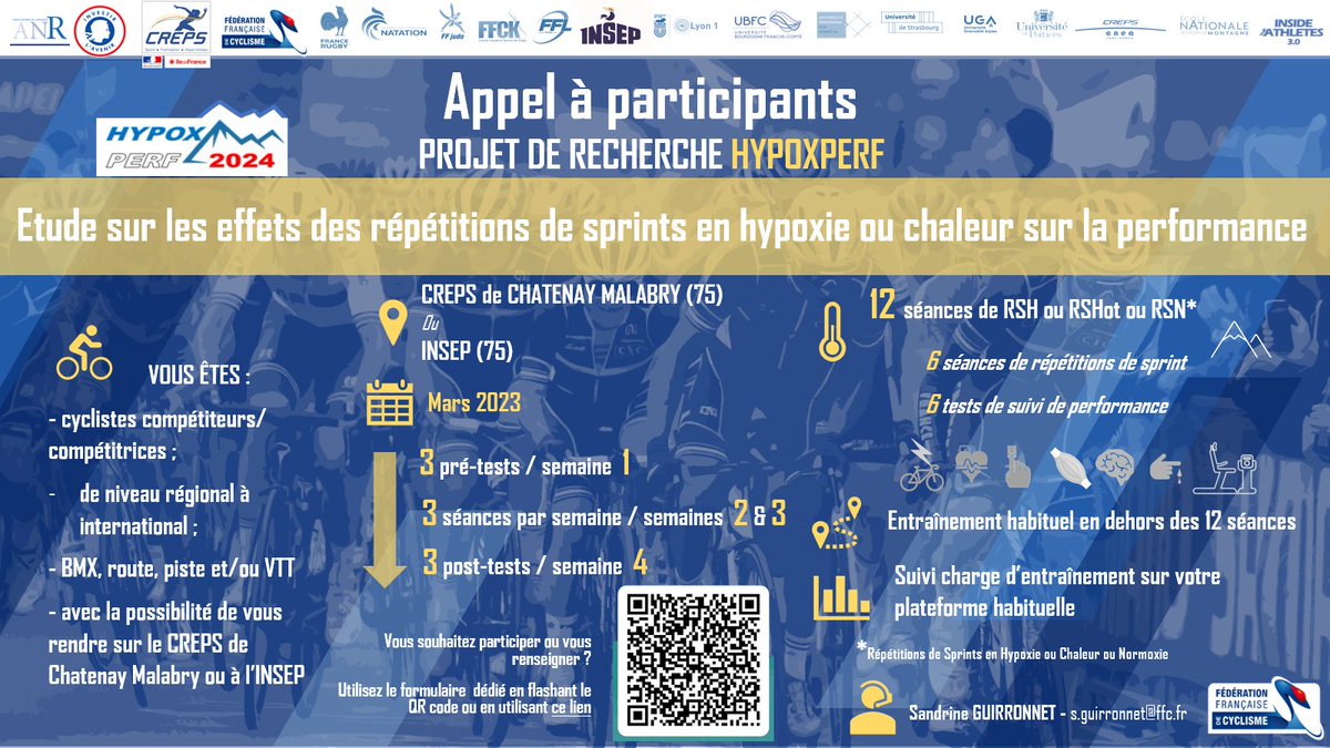 Sandrine Guirronnet (@sandguir) on Twitter photo Appel à participants pour un projet de recherche sur la répétition de sprint dans le cadre du projet HYPOXPERF. Région parisienne. Appel à participants pour un projet de recherche sur la répétition de sprint dans le cadre du projet HYPOXPERF. Région parisienne.