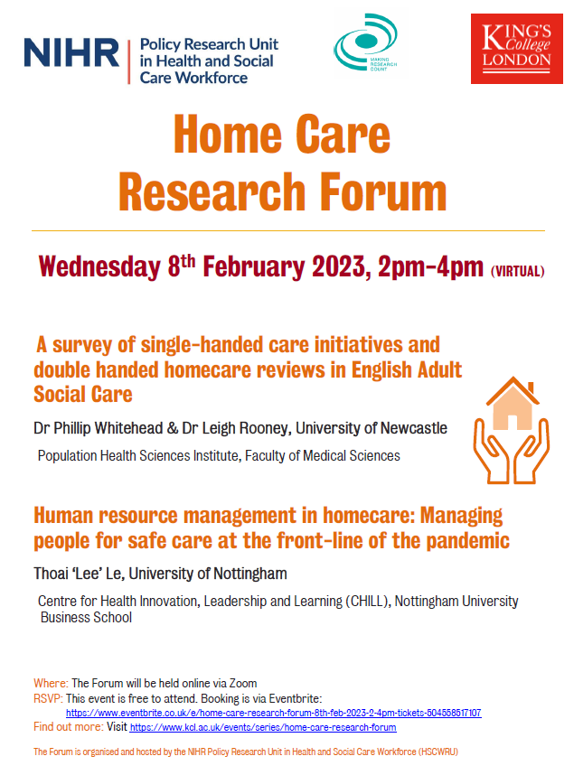 Monica Leverton 🟧 (@monicaleverton) on Twitter photo There's still time to register for the next <a href="/hscwru/">HSCWRU</a> Home Care Research Forum on Weds 8th Feb, 2-4pm:
eventbrite.co.uk/e/home-care-re…
Presentations from <a href="/whitehead_pj/">Phillip Whitehead</a> (University of Newcastle), and <a href="/thoaileele/">Le Thoai (Lee)</a> (University of Nottingham) on pressing topics around #socialcare #homecare There's still time to register for the next <a href="/hscwru/">HSCWRU</a> Home Care Research Forum on Weds 8th Feb, 2-4pm:
eventbrite.co.uk/e/home-care-re…
Presentations from <a href="/whitehead_pj/">Phillip Whitehead</a> (University of Newcastle), and <a href="/thoaileele/">Le Thoai (Lee)</a> (University of Nottingham) on pressing topics around #socialcare #homecare