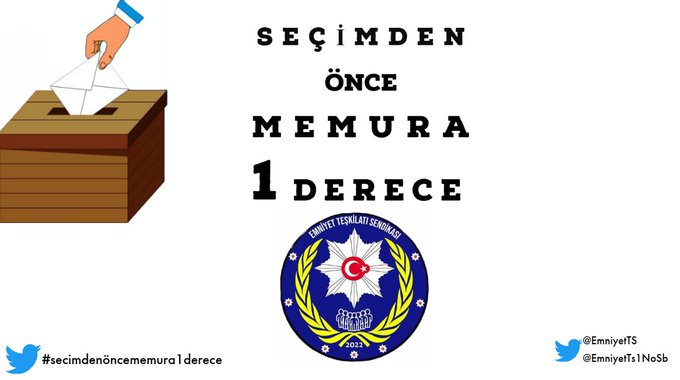 Emniyet Teşkilatı Sendikası olarak talebimizdir. Tüm kamu çalışanlarına seçimden önce 1 derece verilmelidir.

<a href="/kilicdarogluk/">Kemal Kılıçdaroğlu</a> <a href="/RTErdogan/">Recep Tayyip Erdoğan</a> <a href="/meral_aksener/">Meral Akşener</a> <a href="/dbdevletbahceli/">Devlet Bahçeli</a>

 #secimdenöncememura1derece