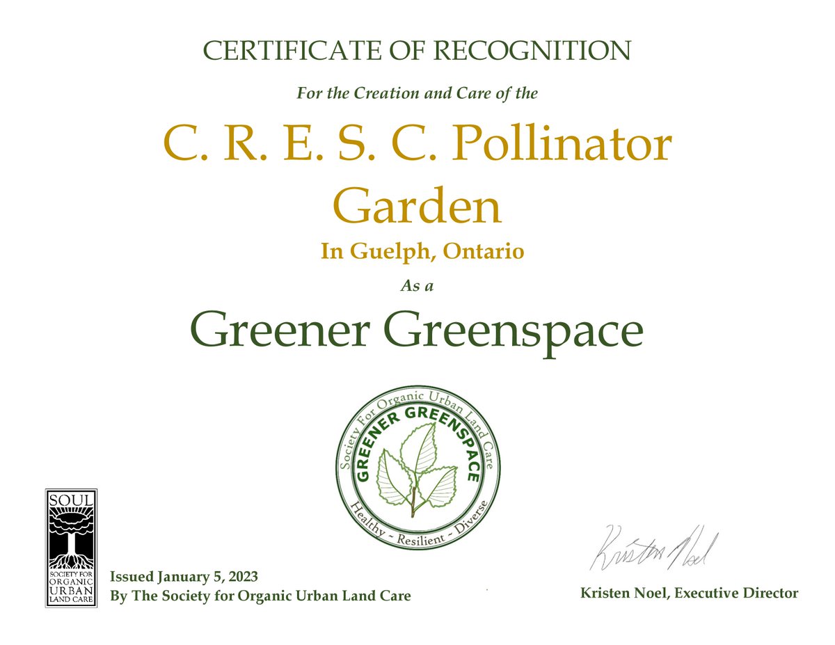 PollinateGuelph's tweet photo. PG is proud to receive #GreenerGreenspaces awards for our Gosling Pollinator Garden &amp; CRESC Pollinator Habitat projects. These awards from @SOULandCare (Society for Organic Urban Landcare) recognize those working with ecologically sound land care practices on individual projects. https://t.co/NYQIkYQrM8