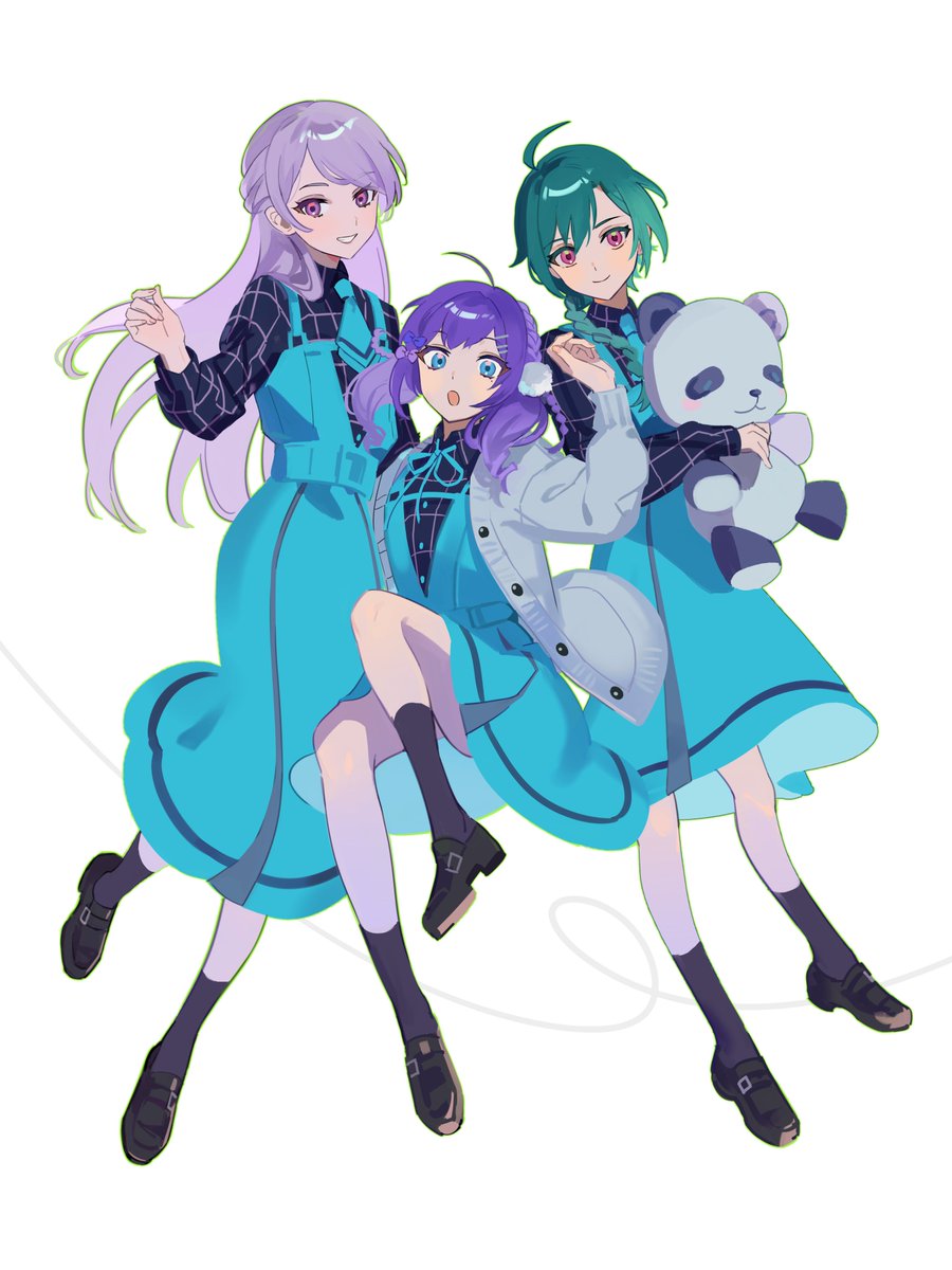 multiple girls stuffed toy green hair stuffed animal braid twintails purple hair  illustration images