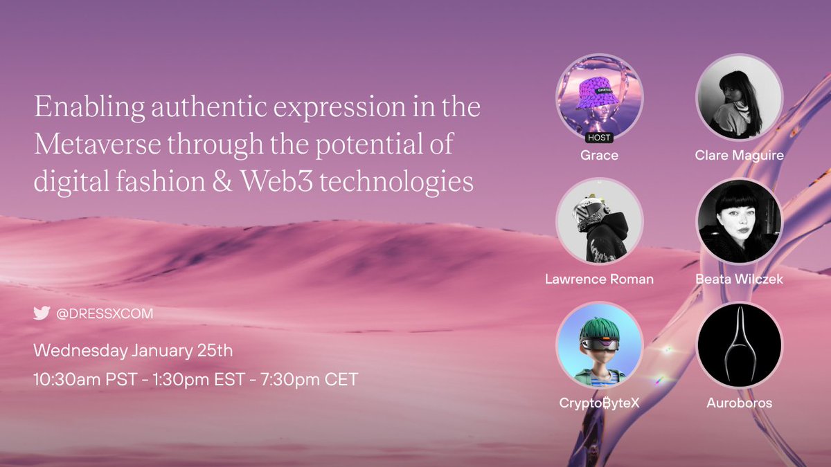 Join Auroboros this Wednesday for a Twitter Space on Expression in the Metaverse via Digital Fashion &amp; #Web3 hosted by <a href="/dressxcom/">DRESSX</a>

We will be joined by <a href="/WEIFT_Podcast/">Grace Robinson</a> <a href="/ClareMaguire/">clare maguire ☆</a> <a href="/lawrenceroman/">lawrenceroman.eth</a> <a href="/beata_unfolding/">Beata Wilczek</a> &amp; <a href="/CryptoByteX/">CryptoByte</a>

x.com/i/spaces/1lPKq…