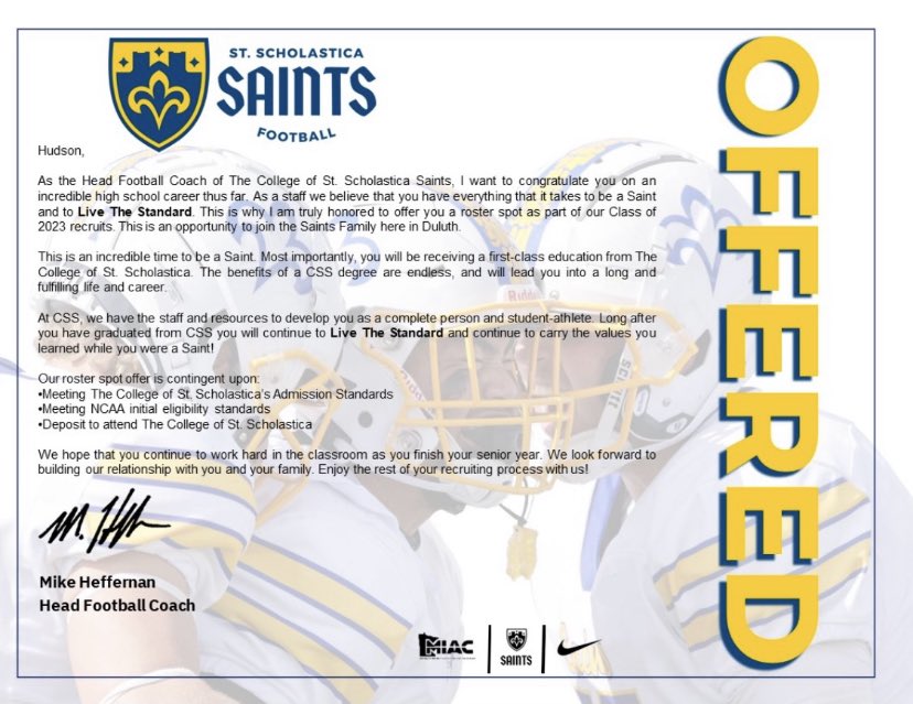 Hudson Fix (@hudsonfix42) on Twitter photo I am blessed and thankful to have received an offer from <a href="/Coach_Heffernan/">Mike Heffernan</a> and <a href="/CSSSaintsFB/">Saints Football</a>. Thank you so much for the opportunity! I am blessed and thankful to have received an offer from <a href="/Coach_Heffernan/">Mike Heffernan</a> and <a href="/CSSSaintsFB/">Saints Football</a>. Thank you so much for the opportunity!