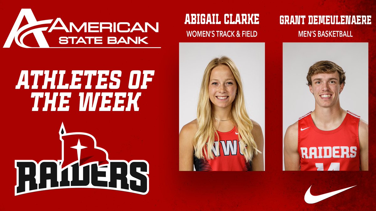 𝙍𝙖𝙞𝙙𝙚𝙧 𝘼𝙩𝙝𝙡𝙚𝙩𝙚𝙨 𝙤𝙛 𝙩𝙝𝙚 𝙒𝙚𝙚𝙠, presented by <a href="/AmericanStBank/">American State Bank</a>!

Male: 𝙂𝙧𝙖𝙣𝙩 𝘿𝙚𝙈𝙚𝙪𝙡𝙚𝙣𝙖𝙚𝙧𝙚
Female: 𝘼𝙗𝙞𝙜𝙖𝙞𝙡 𝘾𝙡𝙖𝙧𝙠𝙚

📰: bit.ly/3R1IwCk

#RaidersStandOut | <a href="/NWCBasketball/">Northwestern College Basketball</a> | <a href="/NWCTRACK/">Northwestern TF/XC</a>