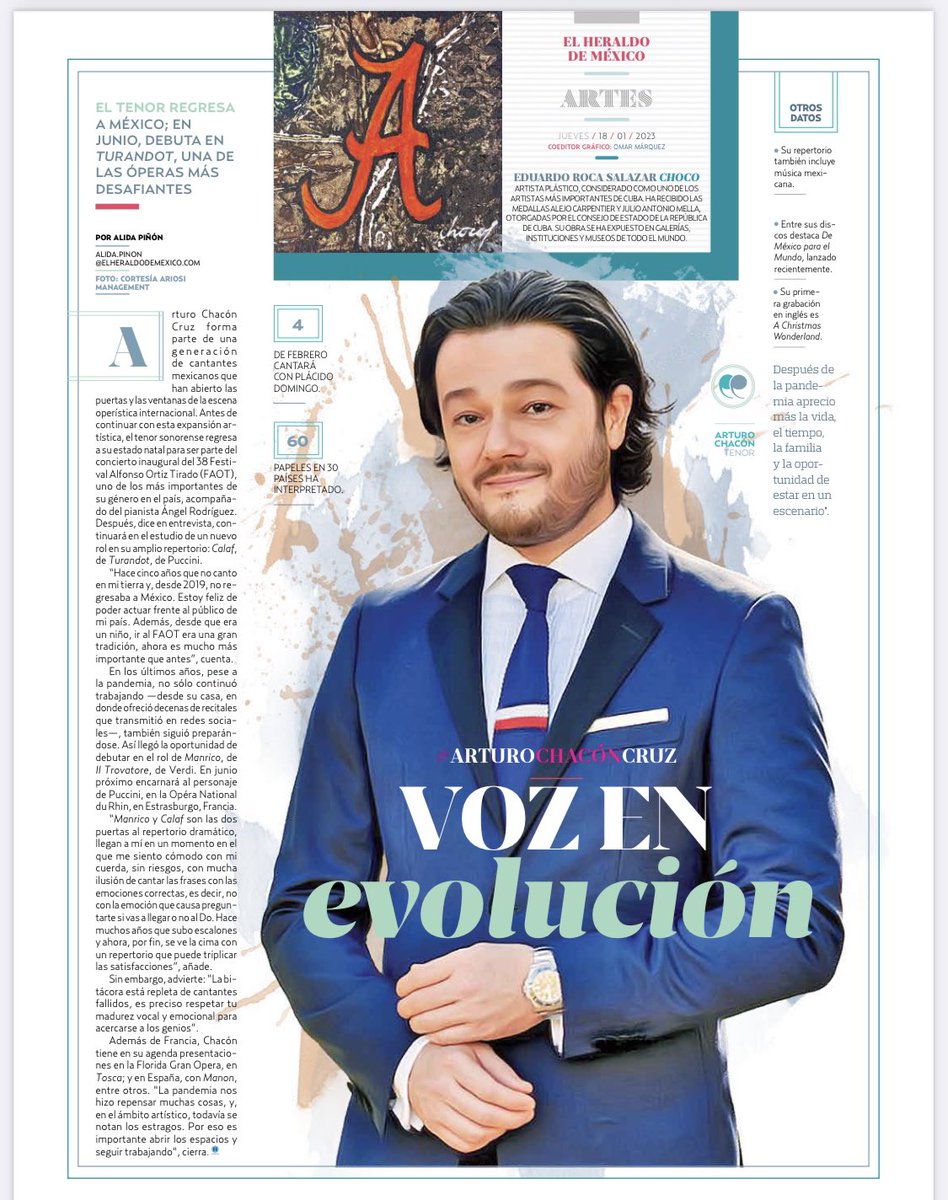 Gracias @heraldodemexico y @AlidaPinon por esta hermosa portada de #Cultura #ElHeraldo #Mexico #Tenor #ArturoChaconCruz #Opera #OperaSingersofTwitter