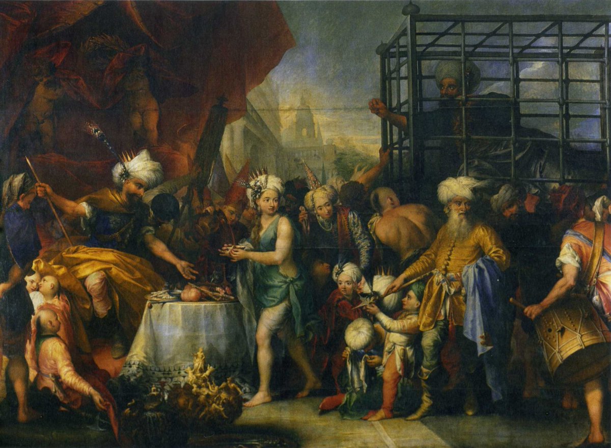 Emir Timur ve kafes içerisinde Yıldırım Bayezid. İtalyan ressam Andrea Celesti'nin 1700 tarihli tablosu.
