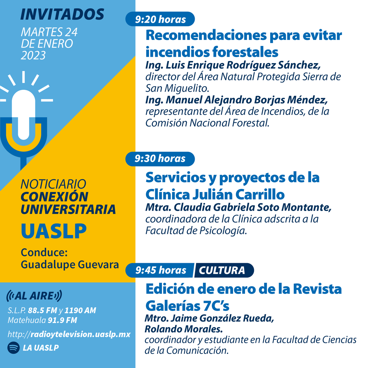 LaUASLP's tweet photo. Te presentamos a los invitados que participarán en la emisión del martes 24 de enero del noticiario #ConexiónUniversitaria

⏰ De 9 a 10 am. Conduce Guadalupe Guevara. 

En vivo por: https://t.co/lBduGLlQ0u

#UASLP @7cGaleria @FCC_UASLP https://t.co/xkVrtauCVi