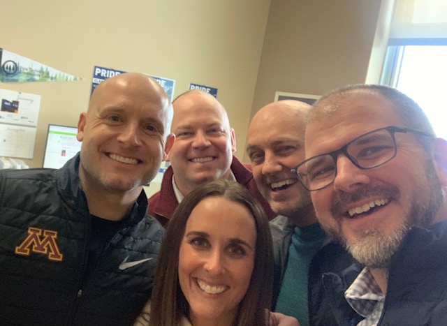 It was great having <a href="/GopherFootball/">Minnesota Football</a> <a href="/Coach_Fleck/">P.J. Fleck</a> <a href="/Coach_DeBo46/">Coach Winston DeLattiboudere III</a> <a href="/CoachNJ_Monroe/">Nick Monroe</a> in the building today! Thanks for stopping by our campus.  <a href="/RogersRoyalsFB/">Rogers Football</a> <a href="/ISD728/">ISD 728</a> RTB, SkiUMah, Go Gophers