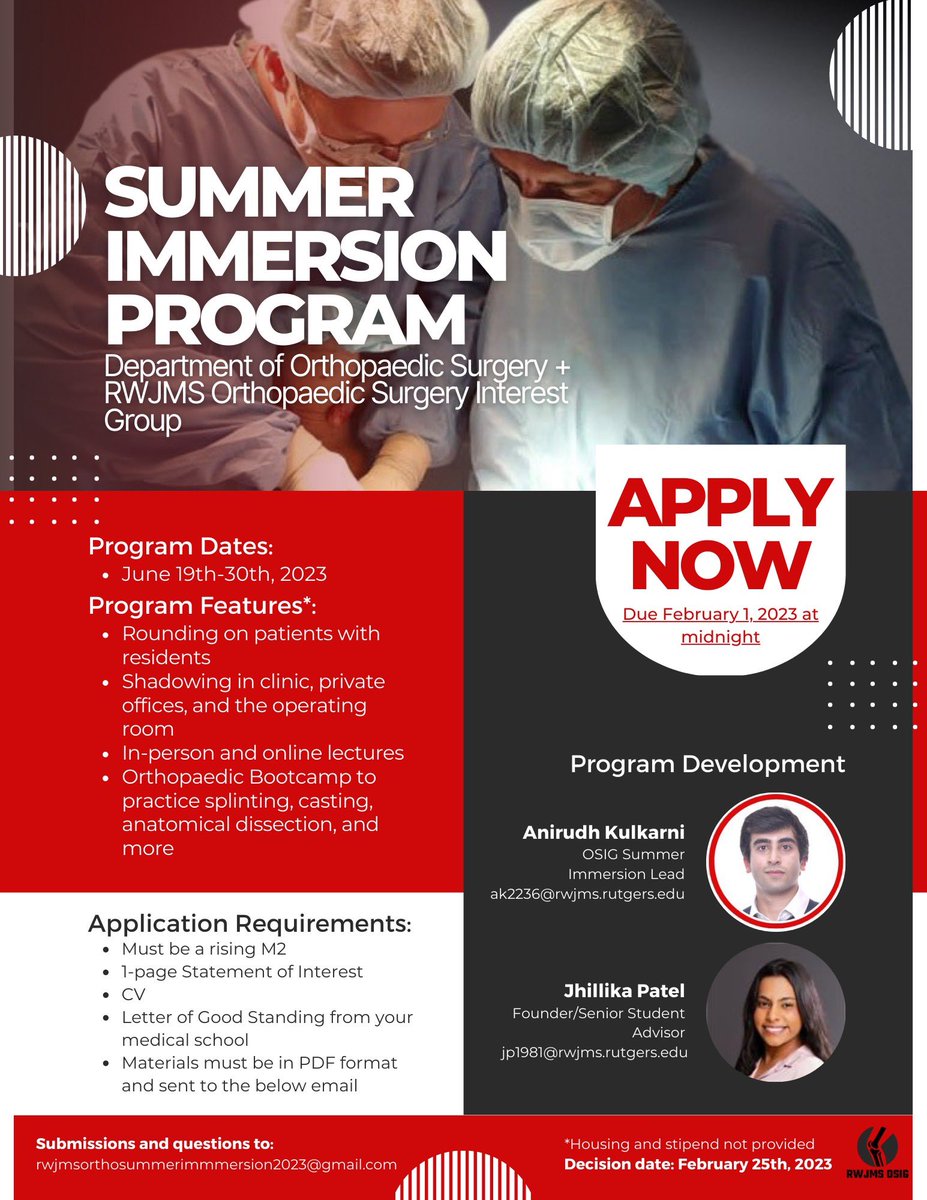 rutgersrwjortho (@rutgersrwjortho) on Twitter photo 🚨 Calling all rising M2s! 🚨
If you are interested in orthopedics-apply for the Summer Immersion Program at RWJ!
Email rwjmsorthosummerimmersion2023@gmail.com for submission/questions!
#ortho #medicalstudents 🚨 Calling all rising M2s! 🚨
If you are interested in orthopedics-apply for the Summer Immersion Program at RWJ!
Email rwjmsorthosummerimmersion2023@gmail.com for submission/questions!
#ortho #medicalstudents