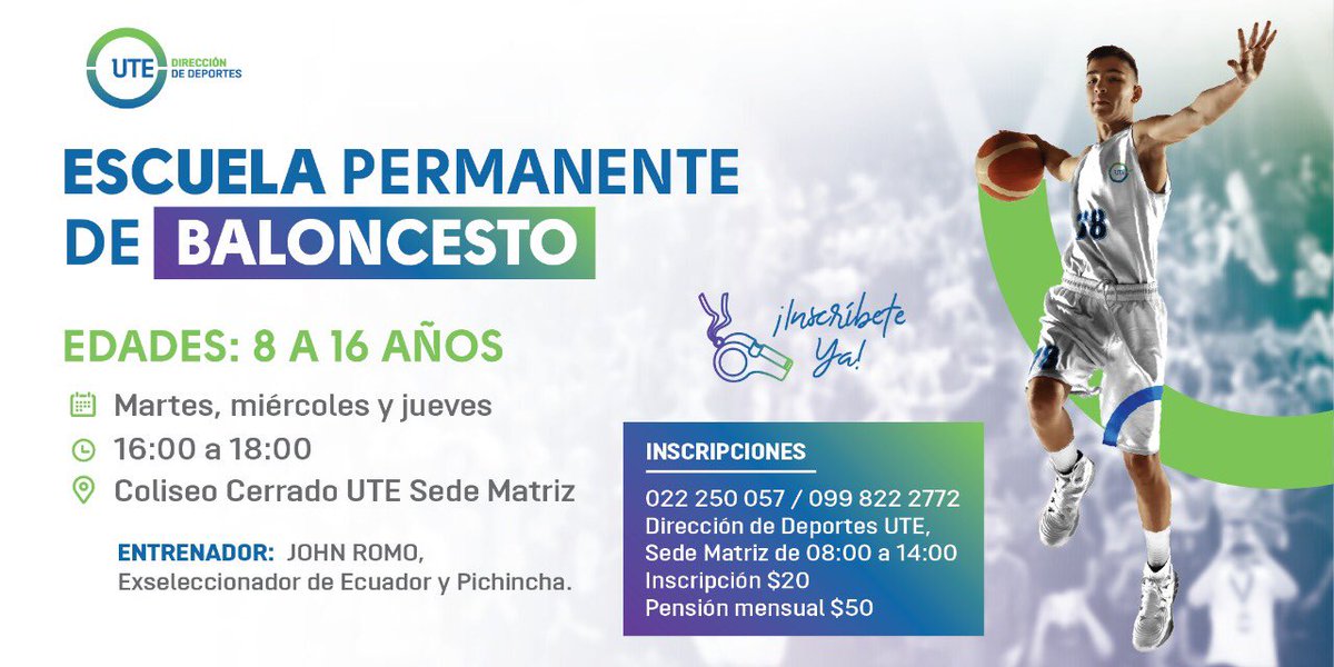 UTEoficial's tweet photo. #ComunicaciónUTE | Iniciamos las inscripciones para la Escuela Permanente de Baloncesto 🏀💚💙

Los niños de 8 a 16 años entrenarán en un espacio seguro 🏀⛹️‍♀️⛹️‍♂️⛹️

🗓 Martes a jueves
⏰16:00 a 18:00
📍 Coliseo de  UTE (Rumipamba y Bourgeois) 

✔️Para más información ⬇️ https://t.co/tfE0WqxDgW