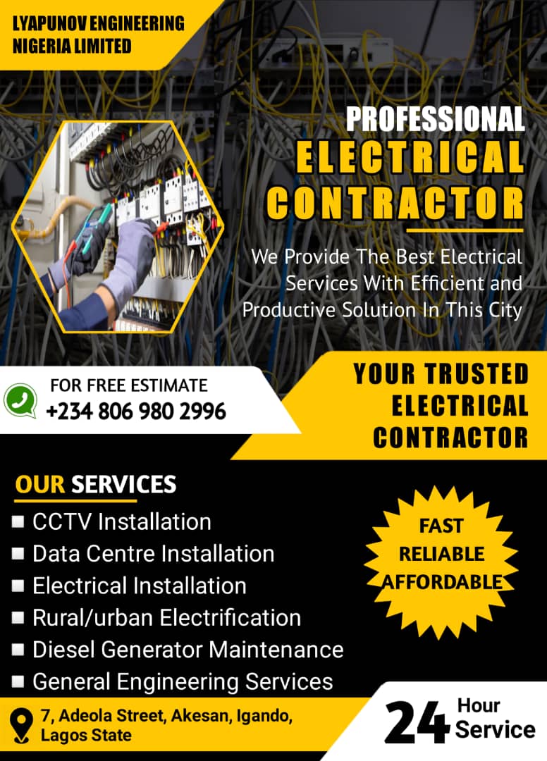 Saint_Eddi's tweet photo. @_theladymo For your Home, Office, Hotel, Estate and Industrial Electrical services as well as CCTV installation and maintenance services... LYAPUNOV Company is your surest plug, a Certified, Trusted and Reliable Electrical Service Company. https://t.co/g9AQYaO97w