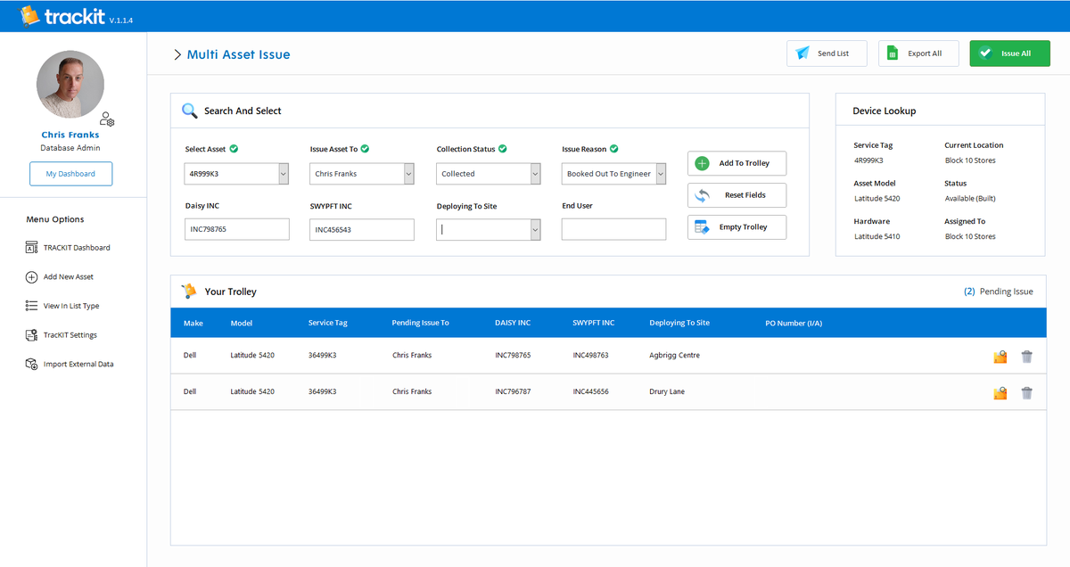 ListenLearnYes's tweet image. Asset Management Database Trolley Feature (Multi Issue Assets) - Also emails prefilled deployment sheets for each asset and emails to engineers. Multiple engineers can be selected amongst many assets. All fully automated #Microsoft #microsoftaccess #Database