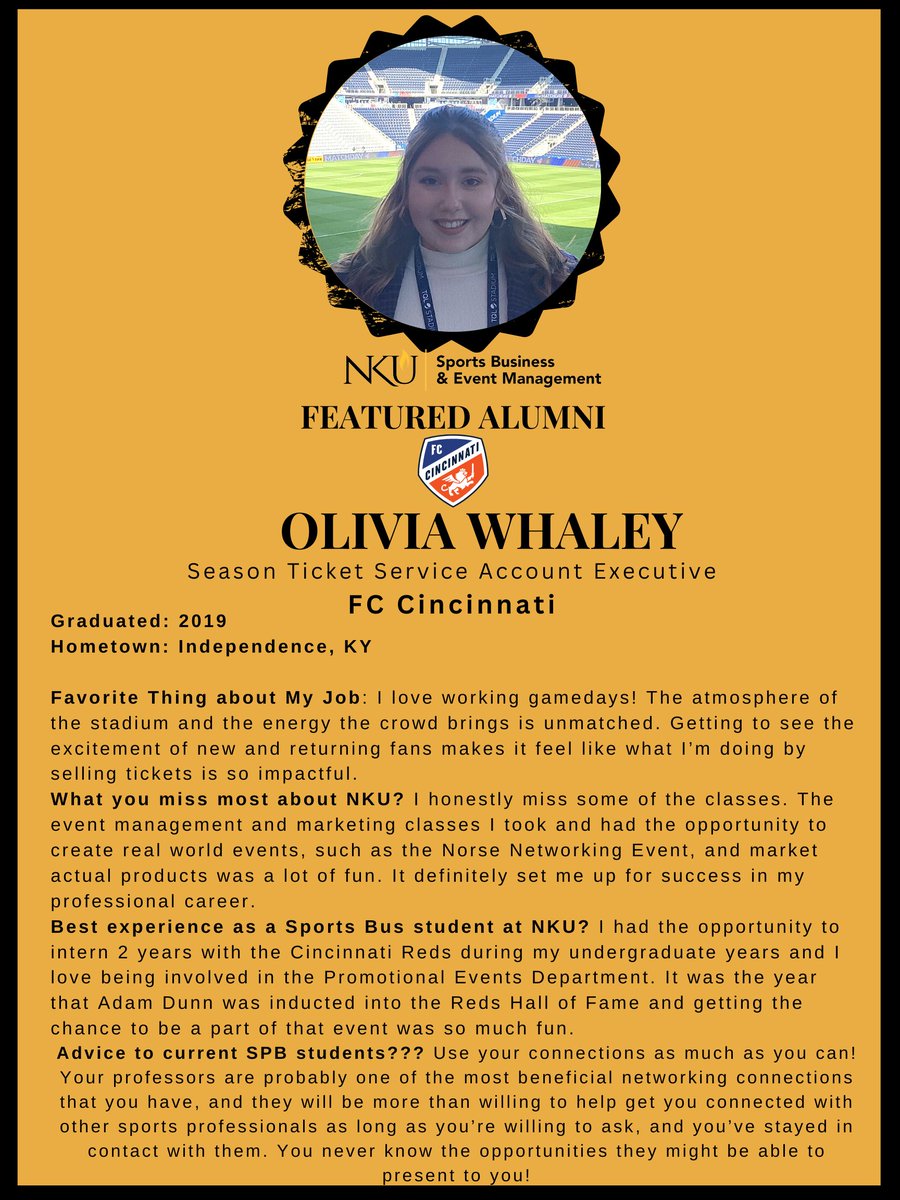 Congratulations @livwhaley98 for being our <a href="/nkusportsbus/">NKU Sports Business & Event Mgt</a> @nkucob - Doing great things <a href="/fccincinnati/">FC Cincinnati</a>