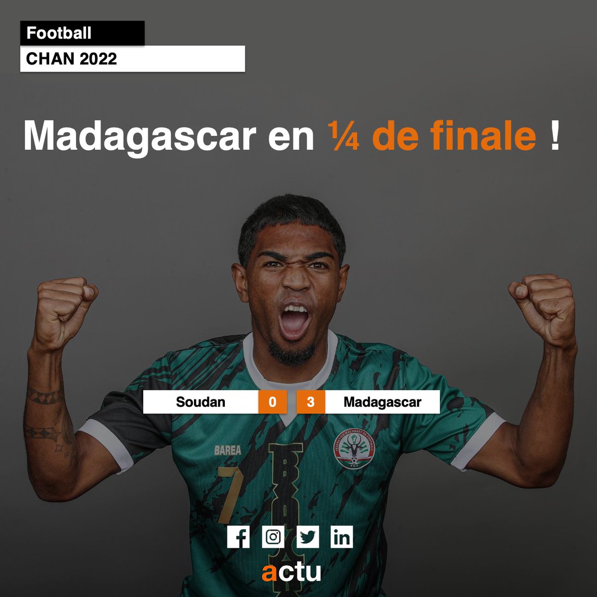 Match terminé ! #Madagascar décroche une qualification historique pour les quarts de finale du Championnat d'Afrique des Nations, pour sa première participation à une phase finale de la compétition.