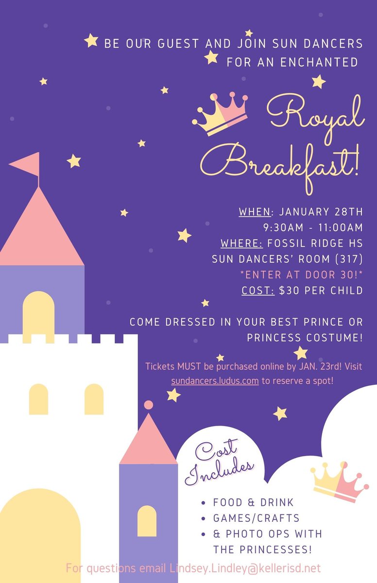 Today is the last day to purchase tickets online for our Royal Breakfast! 

Please visit sundancers.ludus.com to purchase your ticket!🌟🌟 An adult must attend with a child, but a ticket is only required for the Child.

Don’t miss out on this magical opportunity!💜