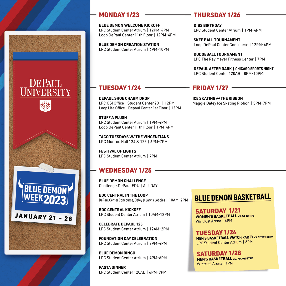 DePaulLoopLife's tweet photo. Don't miss out on Blue Demon Week events in the Loop! BDW brings together students, faculty, staff and alumni to celebrate what it means to be a DePaul Blue Demon. Above is the full schedule of fun events! Check out the link in our bio for more info via our DeHub page https://t.co/aX5BLUFak2
