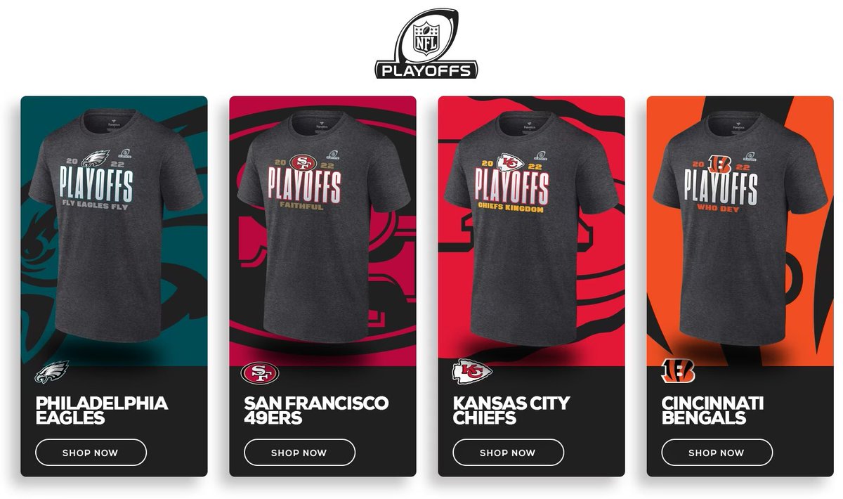 The <a href="/NFL/">NFL</a> season is down to the final four teams

<a href="/Eagles/">Philadelphia Eagles</a> vs <a href="/49ers/">San Francisco 49ers</a>
<a href="/Chiefs/">Kansas City Chiefs</a> vs <a href="/Bengals/">Cincinnati Bengals</a> 

Our friends over a <a href="/Fanatics/">Fanatics</a> have a fantastic range of merch for the fans of these teams, check it out here: fanatics.93n6tx.net/3PBEmr