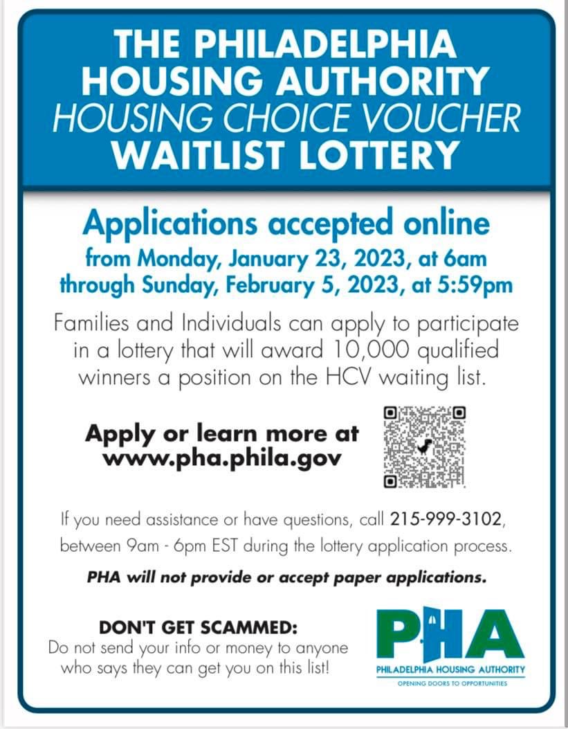 WestPhillyPN's tweet photo. Don’t miss your chance for a Housing Choice Voucher from the PHA 🏠‼️ Apply now through February 5 to enter the lottery to secure a place on the voucher waiting list. For more info and to apply, please visit the link below.

https://t.co/BJIPdexqUu https://t.co/SEWruuEzwz