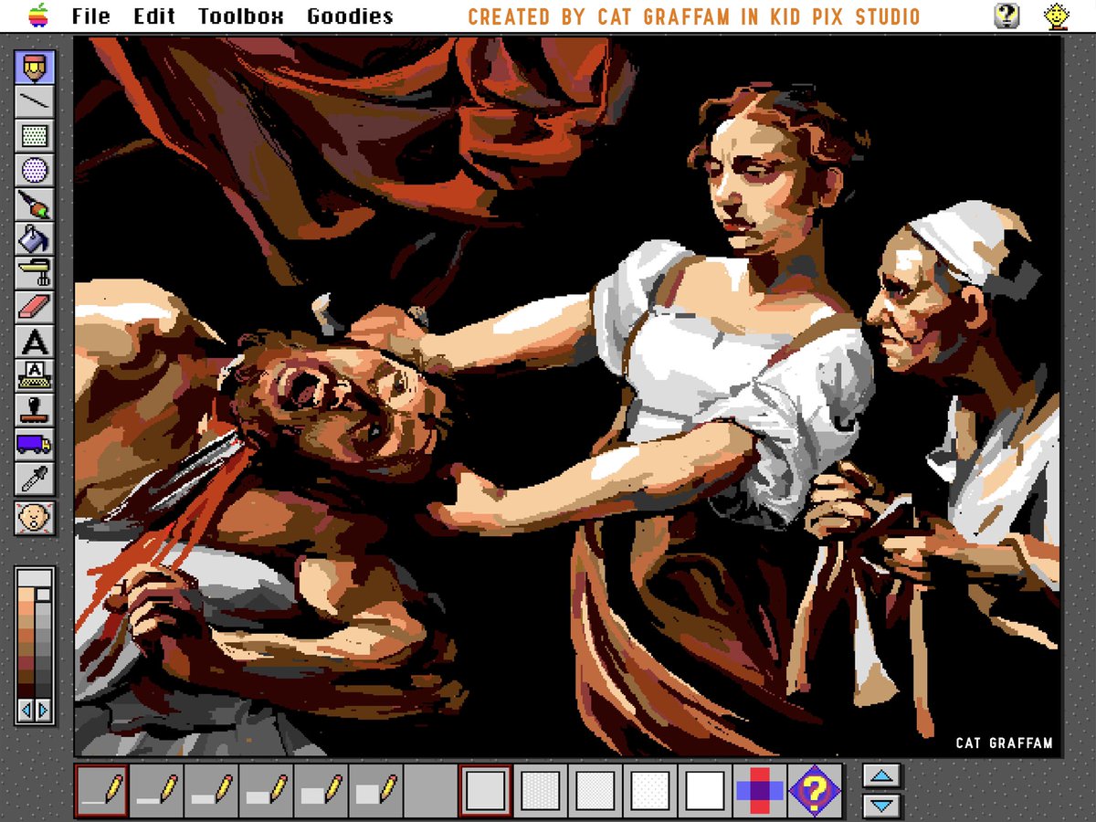 catgraffam's tweet photo. I recreated Caravaggio’s “Judith Beheading Holofornes” using Kid Pix Studio from 1995 using a mouse. https://t.co/1nOJrMpJ3q