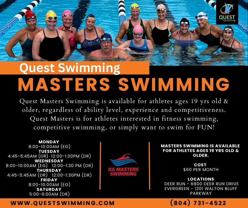 Quest Masters Swimming is growing and we would love for parents, alumni and/or friends of Quest to join us - the only requirement you must be 19 yrs old or older. Regardless of your swimming experience or abilities, there is no age limit to learning The Art of Swimming!