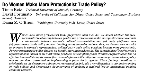 New work with @dianazobrien and Timm Betz @TU_Muenchen in @apsrjournal. We assess the effect of women's representation on #trade, an ostensibly non-gendered policy. FREE FOREVER: doi.org/10.1017/S00030…
