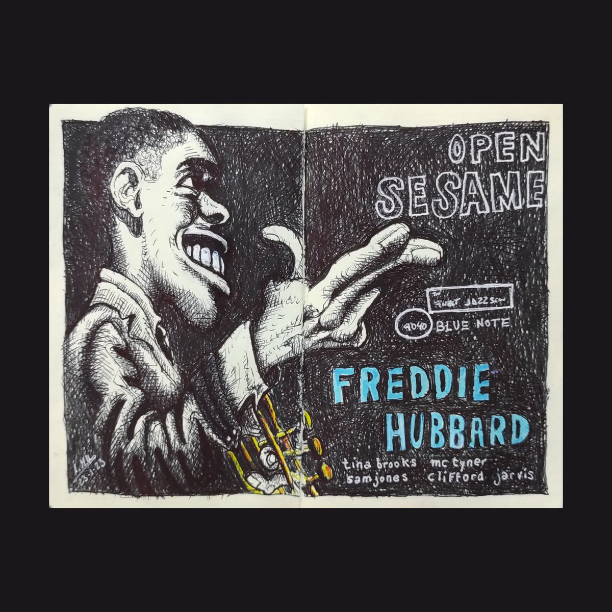 Serie BLUE NOTE.
Interpretación a bolígrafo de la portada del LP del trompetista FREDDIE HUBBARD:
Open Sesame
Blue Note 4040 LP 1960.

#jazzdrawing #drawing #freddiehubbard #bluenote #bluenoterecords #jazz #jazzmusic #trumpet #sketchbook <a href="/bluenoterecords/">Blue Note Records</a>