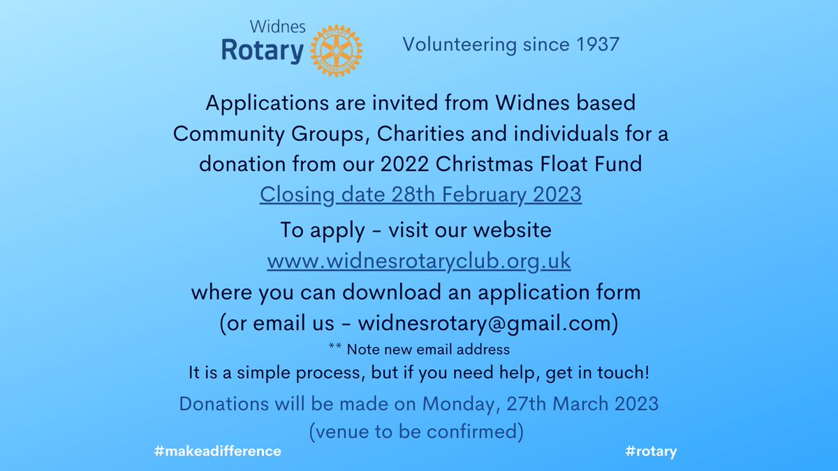 Our application process is open - please share if you know of any groups or individuals who might benefit!  Any questions, please get in touch! 🙂  
Details of where our 2021 Float collection was donated can also be found on our website.
#rotary #makeadifference