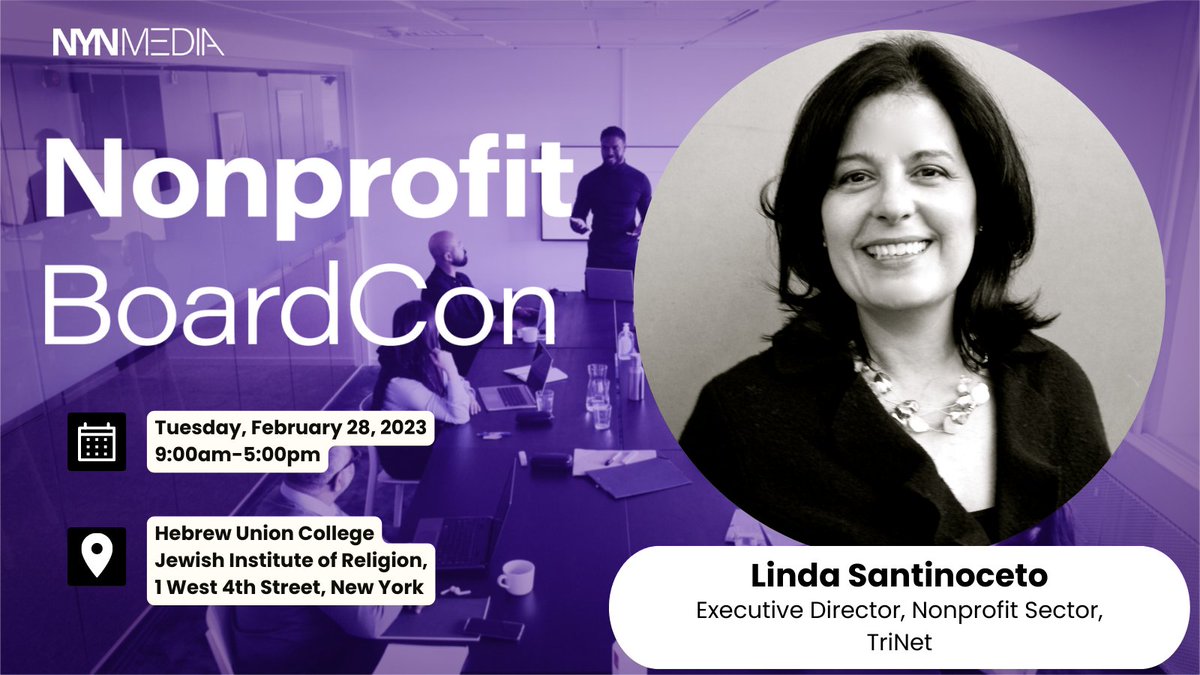 TriNet's tweet photo. Attention NYC area nonprofits! Join TriNet Executive Director, Nonprofit Linda Santinoceto at the @NYN_Media #NYNBoardCon for a panel on deepening board engagement and influence. Check out the agenda and register today: https://t.co/dP8VnQtSuQ
#TriNetNonprofit #NewYorknonprofits https://t.co/hJKX96UTjp