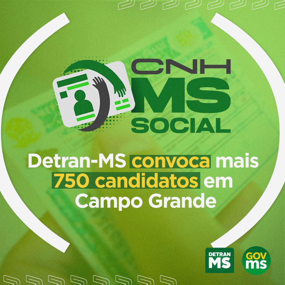 DetranMS's tweet image. Mais 750 candidatos do programa CNH MS Social foram convocados para darem entrada no processo da primeira habilitação. As pessoas relacionadas deverão se apresentar na agência do Pátio Central Shopping, no próximo sábado (04). Saiba mais: bit.ly/3QYe38v