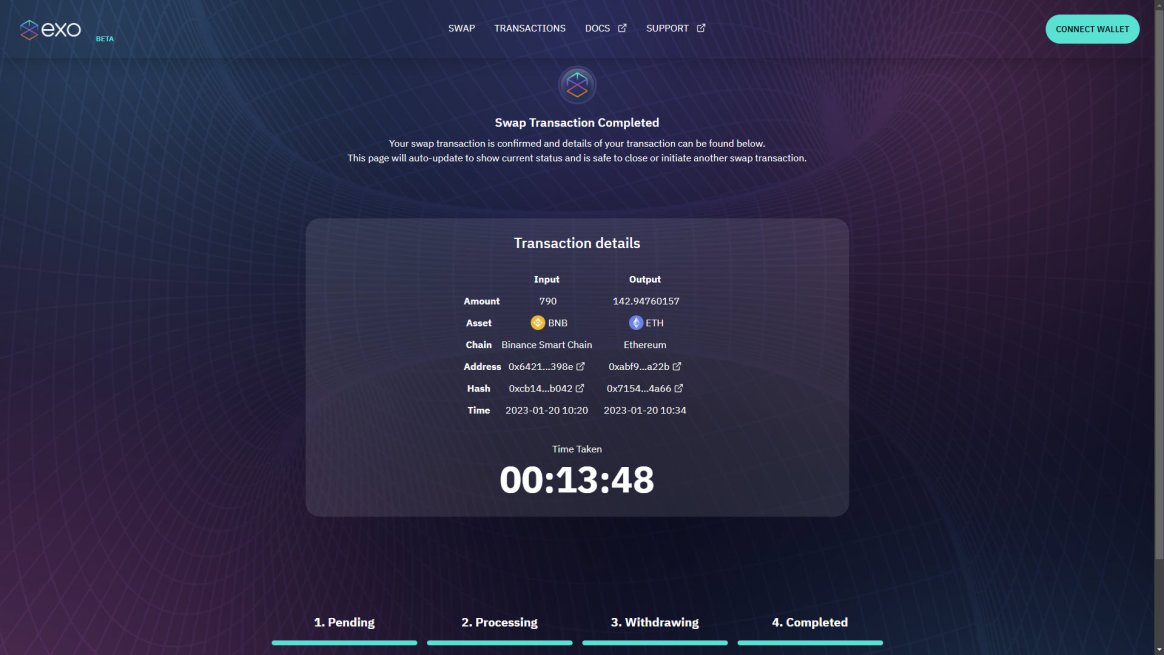 exoSwap is helping institutions seamlessly migrate liquidity 🔥 

A project approached us wanting to migrate from 
BSC --> ETH 

They used exoSwap to move their liquidity directly from one multi-sig on BSC to their new treasury multi-sig on ETH.

790 $BNB --> 143 $ETH 🤯
