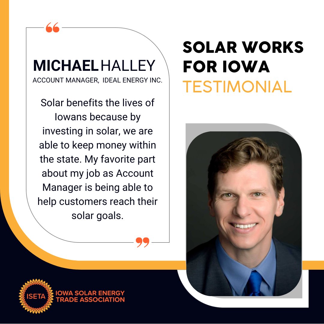 iowasolarenergy's tweet photo. Michael Halley has been in the solar industry for 6 years. Currently, he is Account Manager for @IdealEnergy. See what he says about why #solarWORKSforIowans. https://t.co/hvrmvtj6EU